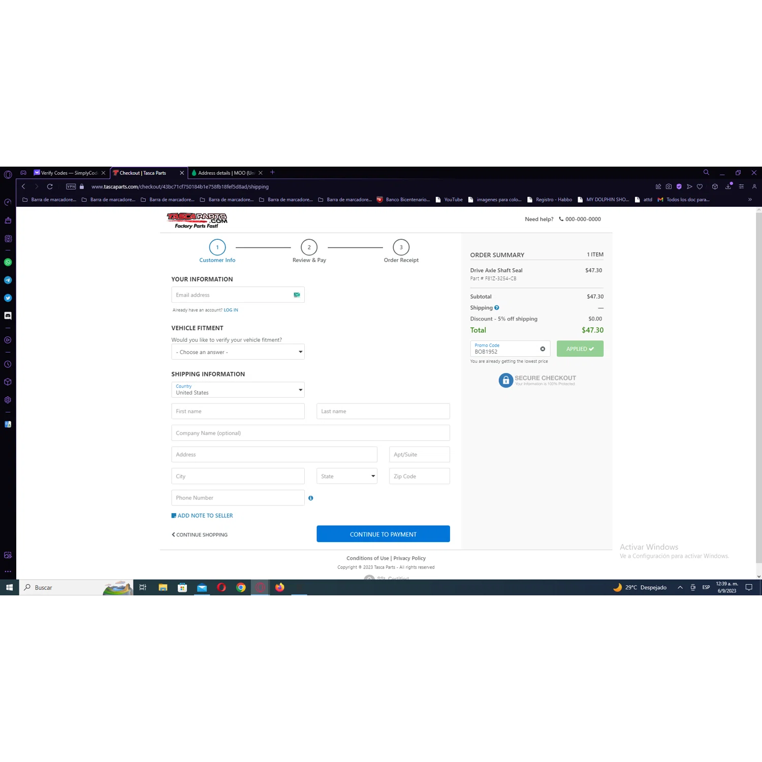 where to use Tascaparts promo code box