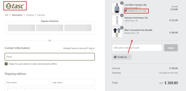 Tasc Performance checkout page showing Tasc Performance discount code box | Screenshot taken by SimplyCodes community member on May 27, 2020