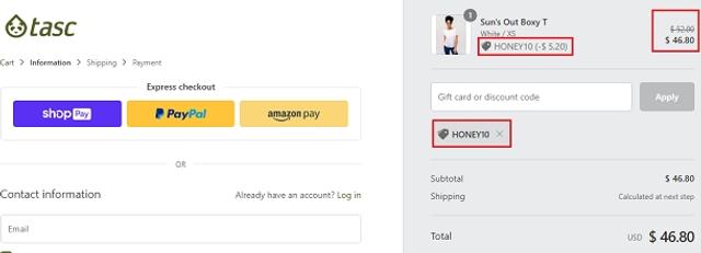 Tasc Performance checkout page showing Tasc Performance discount code box | Screenshot taken by SimplyCodes community member on May 9, 2020