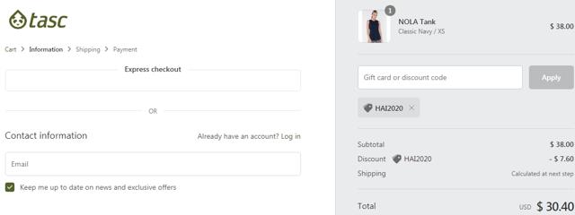 Tasc Performance checkout page showing Tasc Performance discount code box | Screenshot taken by SimplyCodes community member on Jun 9, 2020