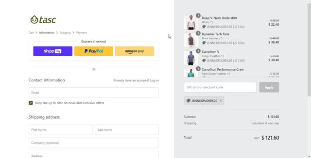 Tasc Performance checkout page showing Tasc Performance discount code box | Screenshot taken by SimplyCodes community member on Jun 9, 2020