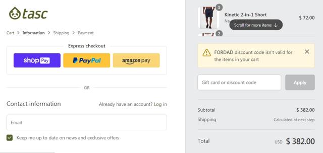 Tasc Performance checkout page showing Tasc Performance discount code box | Screenshot taken by SimplyCodes community member on Jun 10, 2020