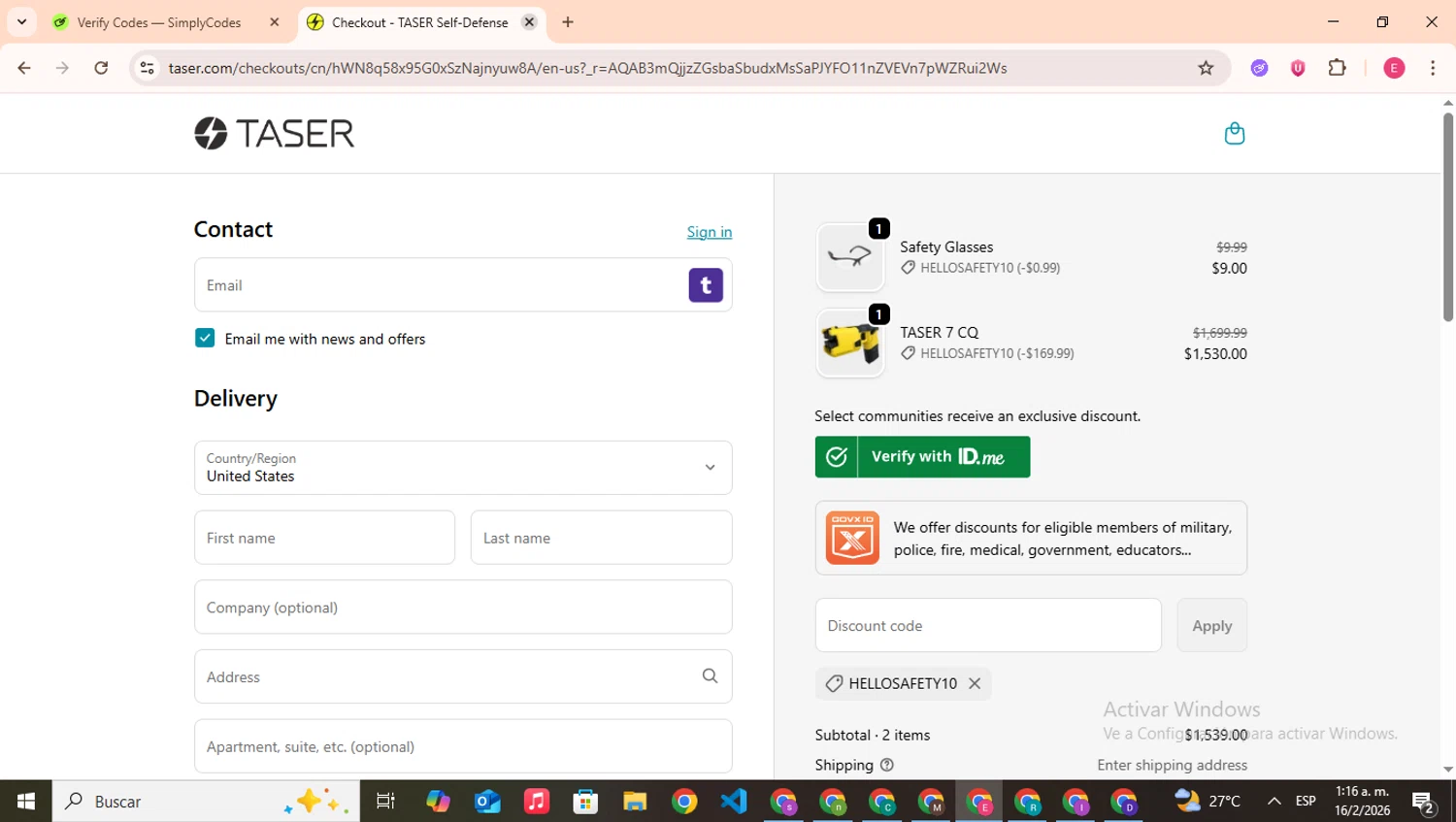 TASER Self-Defense promo code screenshot showing code HELLOSAFETY10 applied at TASER Self-Defense checkout page. Uploaded by SimplyCodes community member CouponHero7312 on Feb 16, 2026