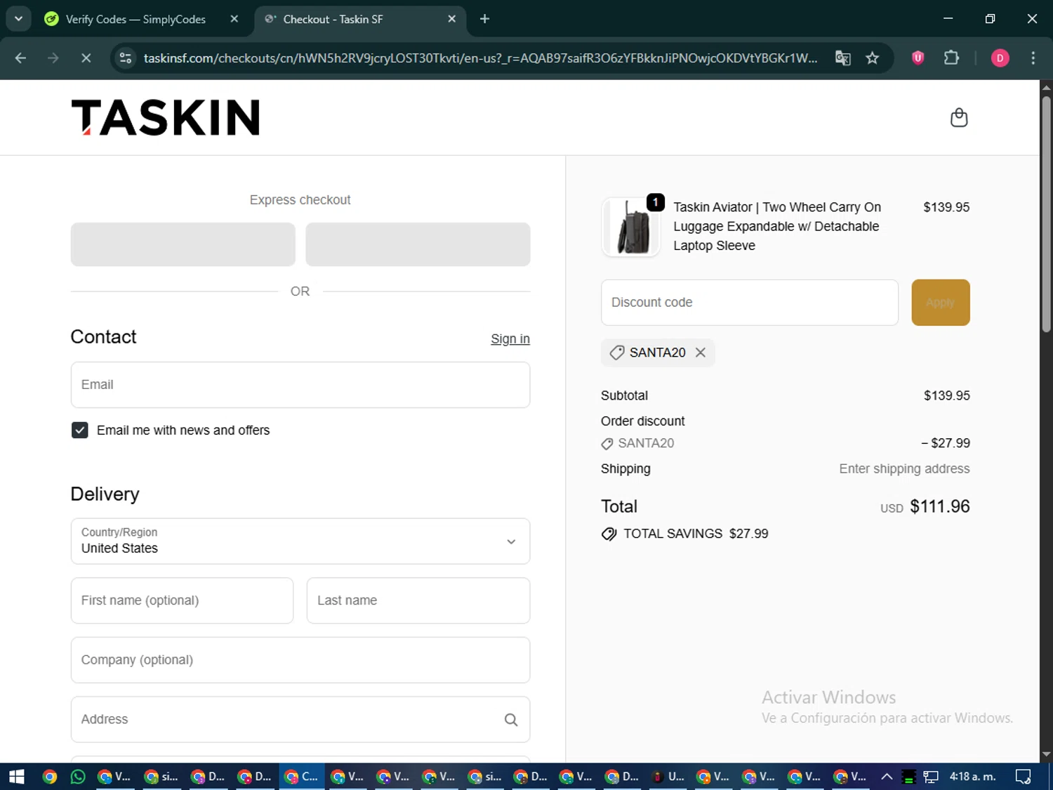 Taskin promo code screenshot showing code SANTA20 applied at Taskin checkout page. Uploaded by SimplyCodes community member MoneySeeker7165 on Nov 25, 2025