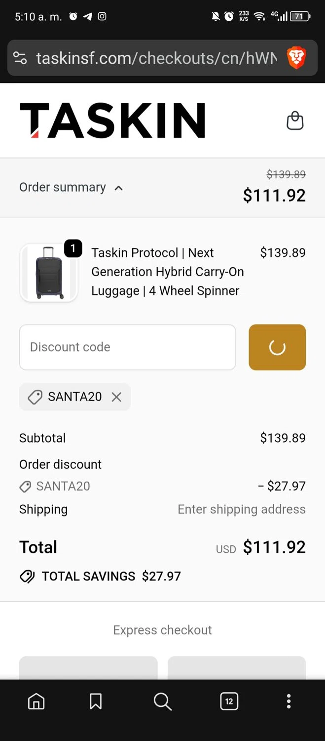 Taskin promo code screenshot showing code SANTA20 applied at Taskin checkout page. Uploaded by SimplyCodes community member MrWolf on Nov 20, 2025