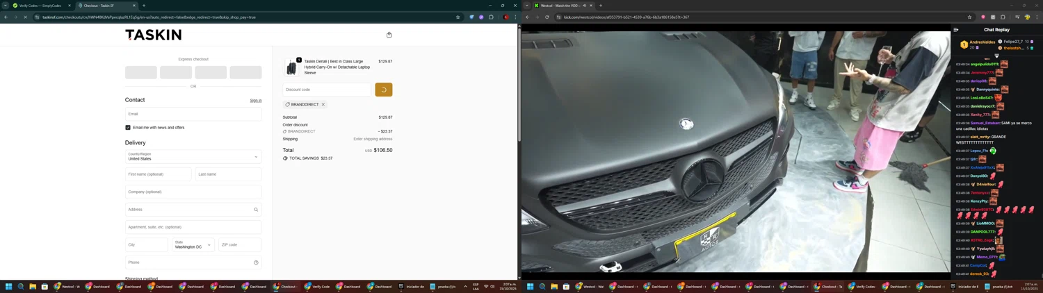 Taskin promo code screenshot showing code BRANDDIRECT applied at Taskin checkout page. Uploaded by SimplyCodes community member BrilliantSaver7516 on Oct 15, 2025