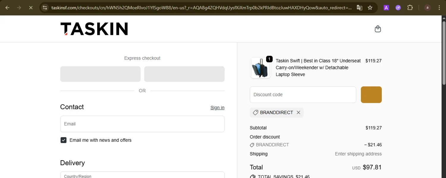 Taskin promo code screenshot showing code BRANDDIRECT applied at Taskin checkout page. Uploaded by SimplyCodes community member GoldCurator1773 on Nov 25, 2025