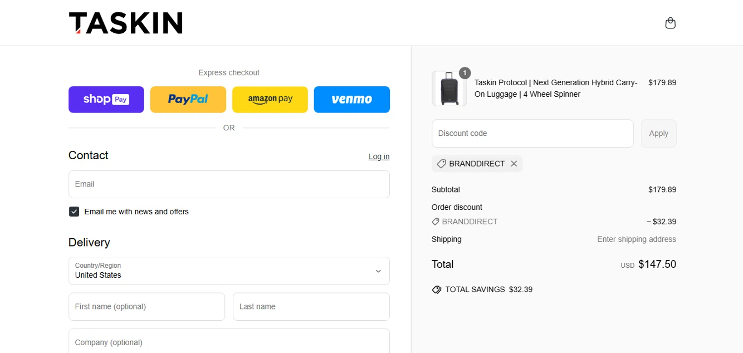 Taskin promo code screenshot showing code BRANDDIRECT applied at Taskin checkout page. Uploaded by SimplyCodes community member MoneyHunter5624 on May 5, 2025