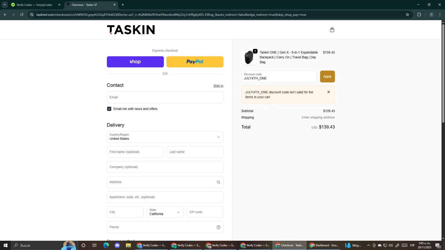 Taskin promo code screenshot showing code JULY4TH_ONE applied at Taskin checkout page. Uploaded by SimplyCodes community member Makemusic on Nov 20, 2025