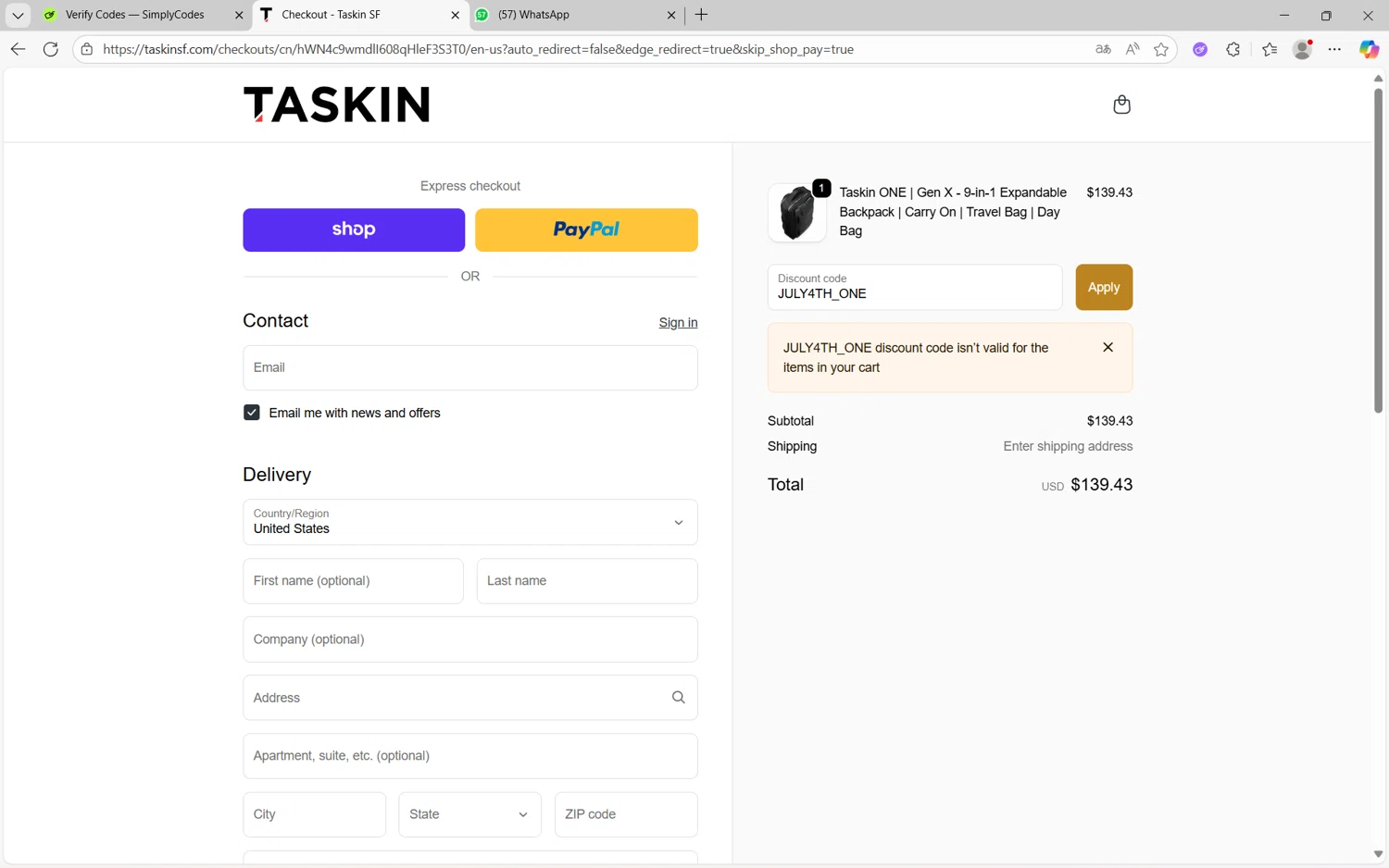 Taskin promo code screenshot showing code JULY4TH_ONE applied at Taskin checkout page. Uploaded by SimplyCodes community member juanx1702 on Oct 27, 2025