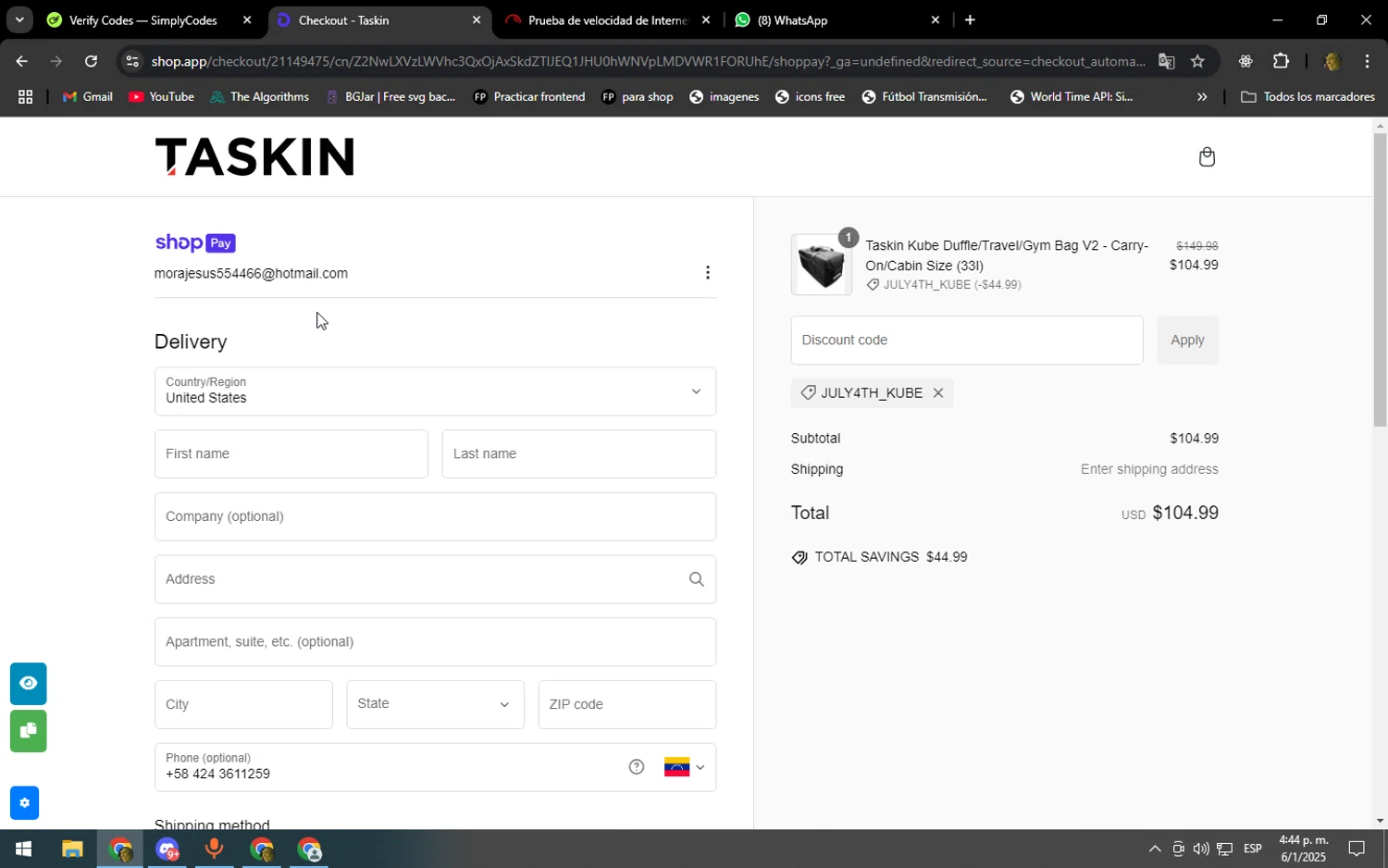 Taskin promo code screenshot showing code JULY4TH_KUBE applied at Taskin checkout page. Uploaded by SimplyCodes community member SOOOOOOOOOOOOOOOOOOOOOOO on Jan 6, 2025