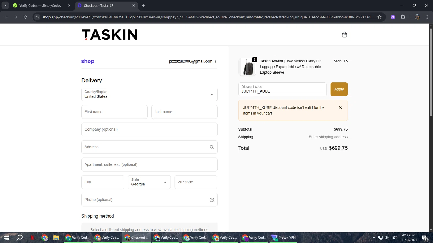 Taskin promo code screenshot showing code JULY4TH_KUBE applied at Taskin checkout page. Uploaded by SimplyCodes community member xxdddd on Oct 11, 2025