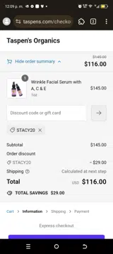 Taspen's Organics coupon verification screenshot