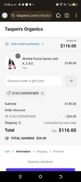 Taspen's Organics coupon verification screenshot