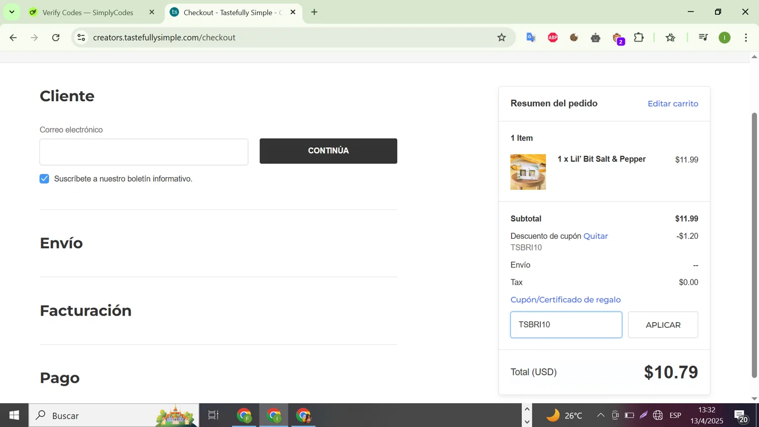 Tastefully Simple promo code screenshot showing code TSBRI10 applied at Tastefully Simple checkout page. Uploaded by SimplyCodes community member WonderHunter255 on Apr 13, 2025