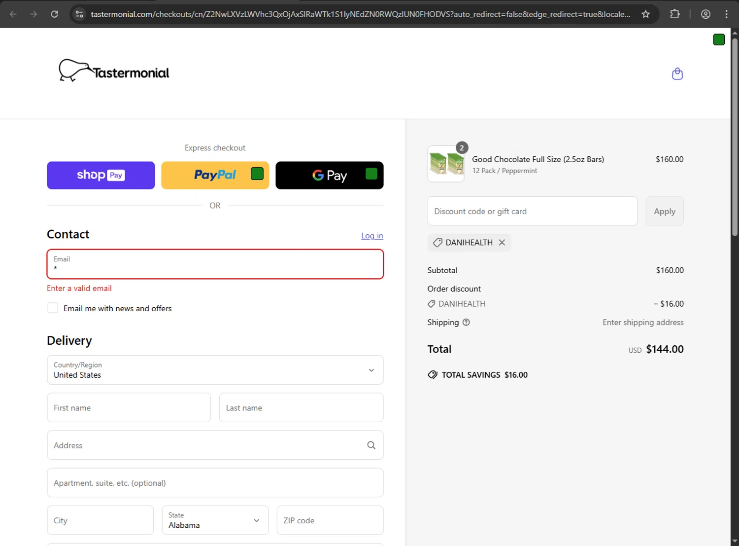 Tastermonial promo code screenshot showing code DANIHEALTH applied at Tastermonial checkout page. Uploaded by SimplyCodes community member megagei on May 23, 2025