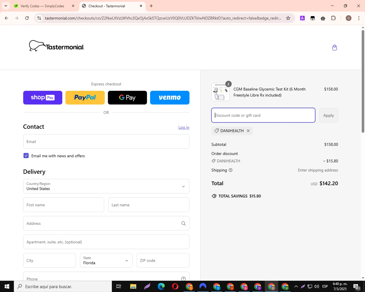 Tastermonial promo code screenshot showing code DANIHEALTH applied at Tastermonial checkout page. Uploaded by SimplyCodes community member PromoHero8877 on Mar 7, 2025
