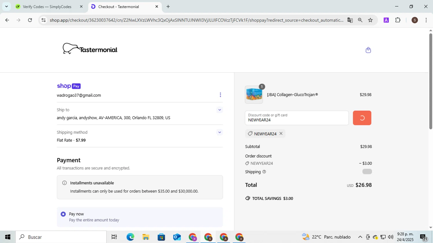 Tastermonial promo code screenshot showing code NEWYEAR24 applied at Tastermonial checkout page. Uploaded by SimplyCodes community member BudgetMaven6078 on Apr 24, 2025