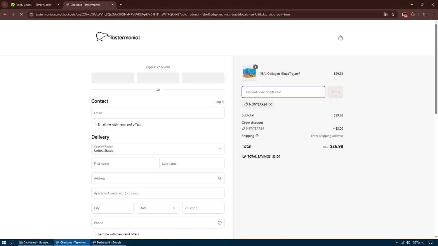 Tastermonial promo code screenshot showing code NEWYEAR24 applied at Tastermonial checkout page. Uploaded by SimplyCodes community member dennygomez on Apr 2, 2025