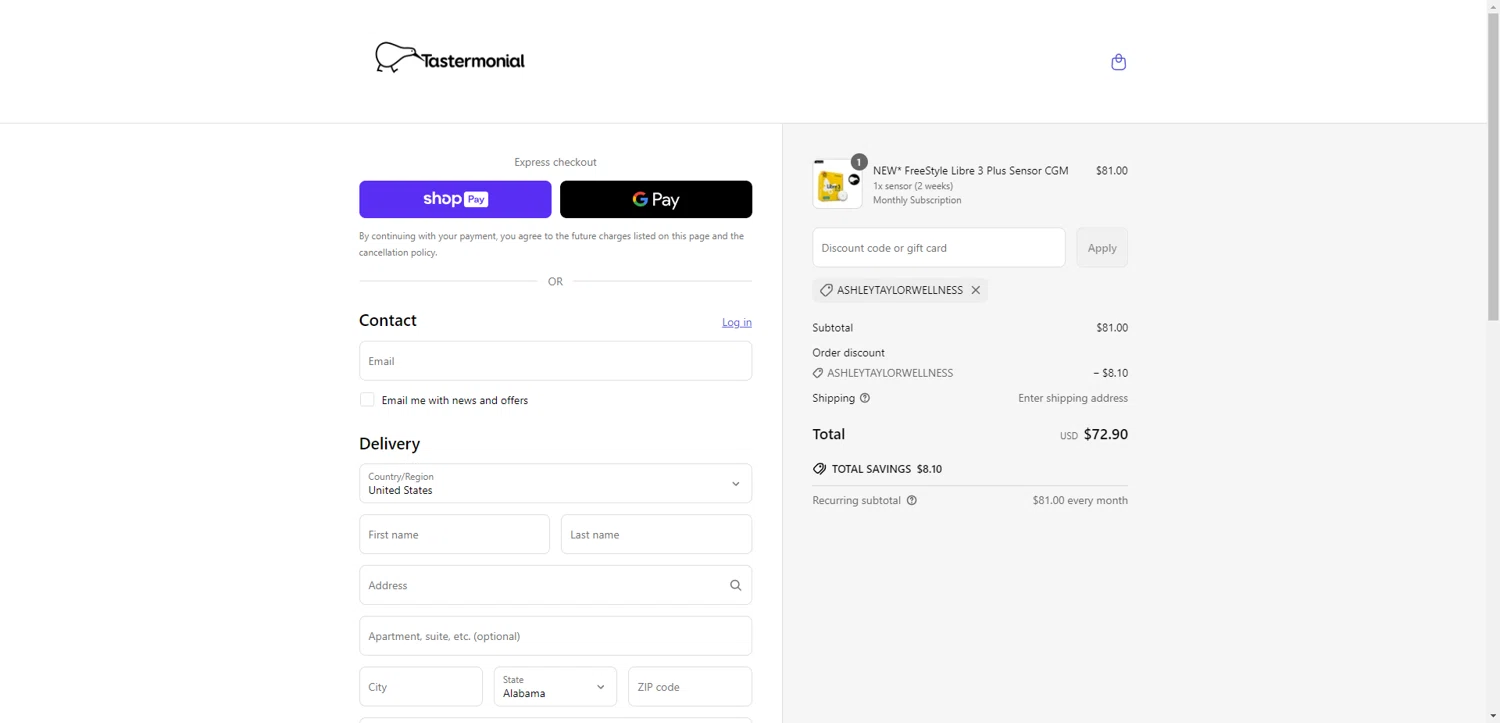 Tastermonial promo code screenshot showing code ASHLEYTAYLORWELLNESS applied at Tastermonial checkout page. Uploaded by SimplyCodes community member PromoAdmiral6652 on Jun 30, 2025