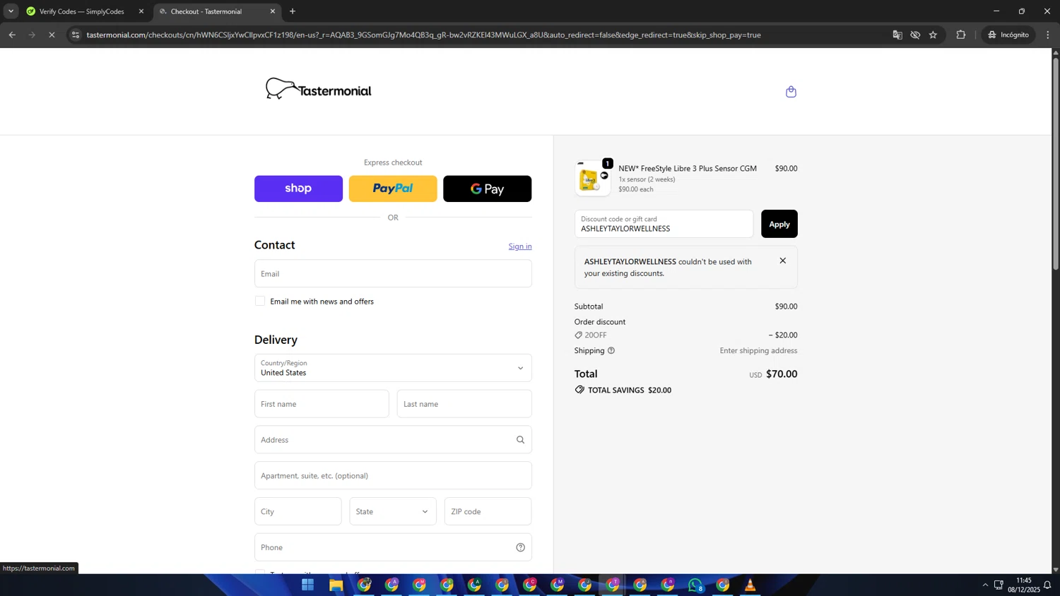 Tastermonial promo code screenshot showing code ASHLEYTAYLORWELLNESS applied at Tastermonial checkout page. Uploaded by SimplyCodes community member ShrewdSleuth9497 on Dec 8, 2025