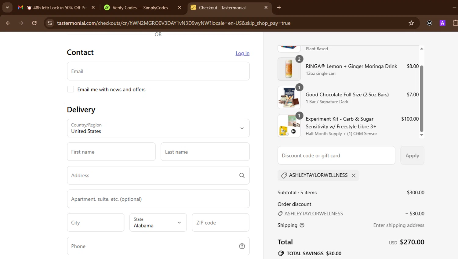 Tastermonial promo code screenshot showing code ASHLEYTAYLORWELLNESS applied at Tastermonial checkout page. Uploaded by SimplyCodes community member SnoopDogg on Aug 29, 2025