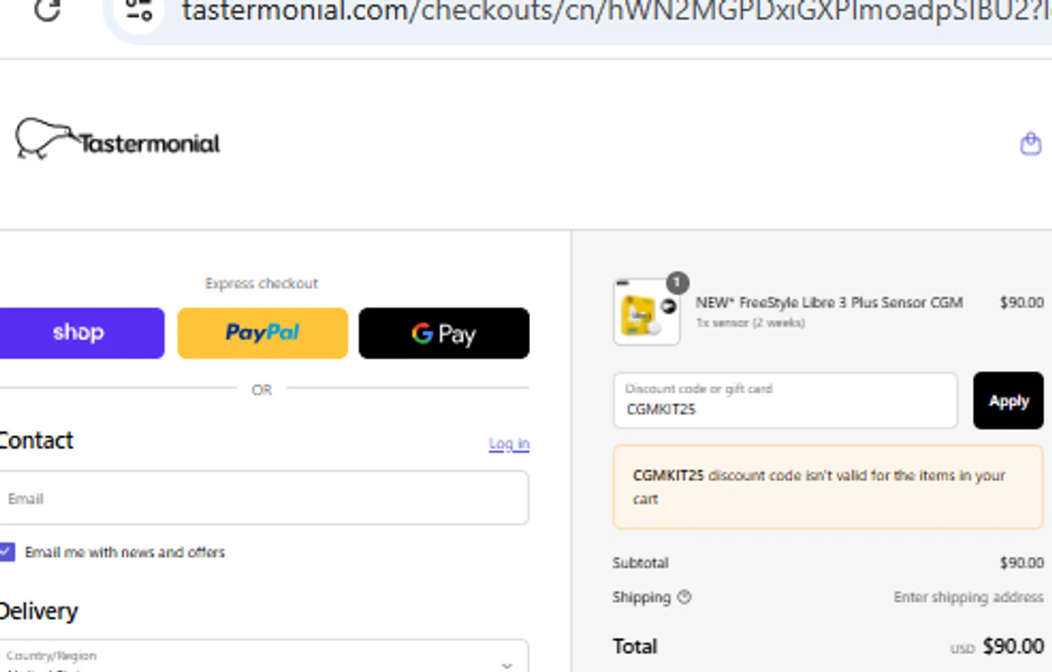 Tastermonial promo code screenshot showing code CGMKIT25 applied at Tastermonial checkout page. Uploaded by SimplyCodes community member PennyOwl2559 on Aug 29, 2025