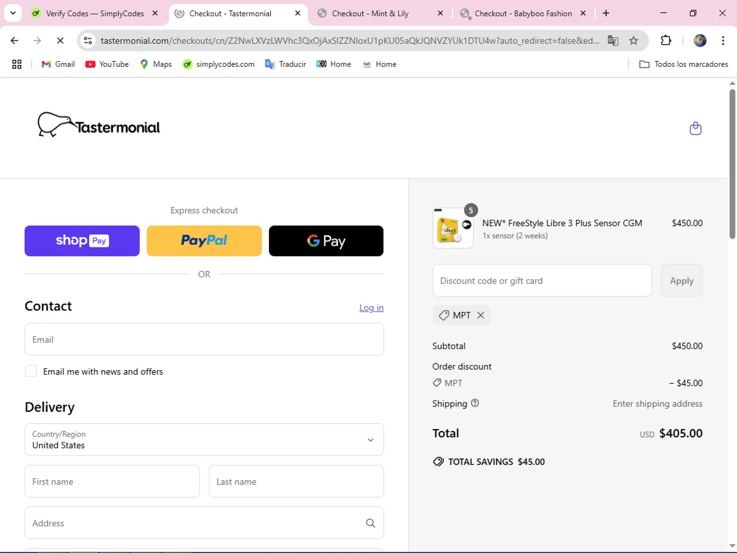 Tastermonial promo code screenshot showing code MPT applied at Tastermonial checkout page. Uploaded by SimplyCodes community member BALLERINA on May 23, 2025