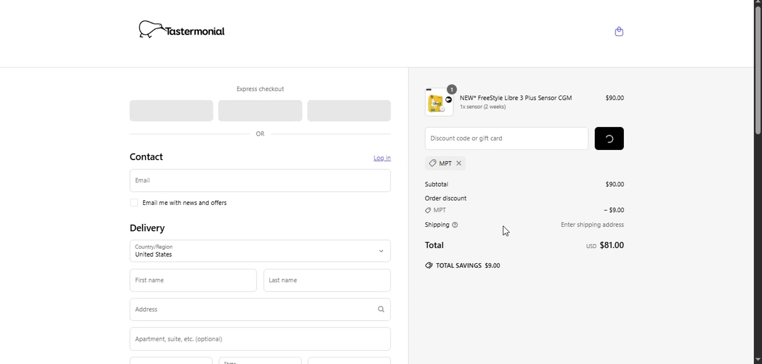 Tastermonial promo code screenshot showing code MPT applied at Tastermonial checkout page. Uploaded by SimplyCodes community member Rayyyyyy on May 15, 2025