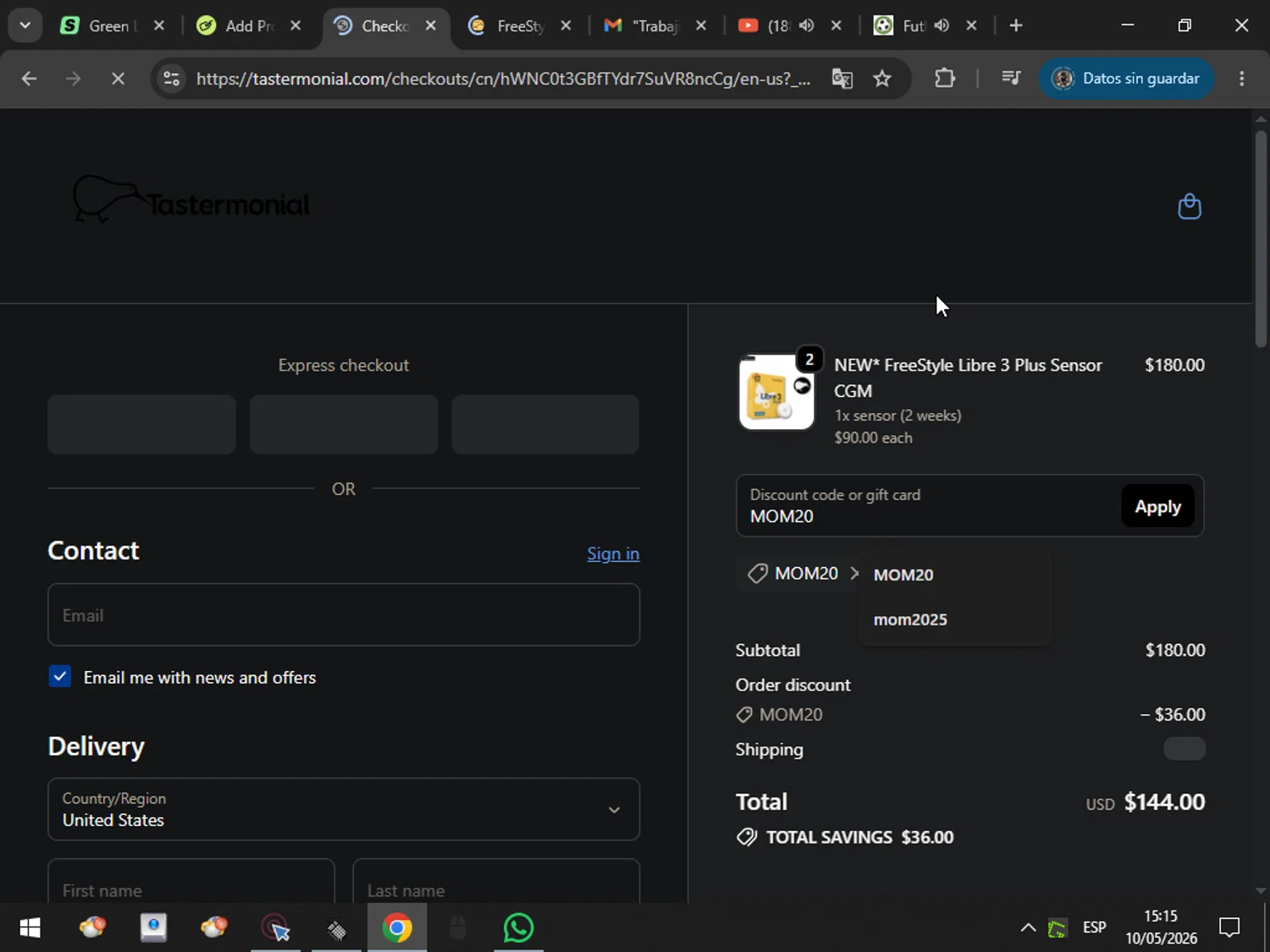 Tastermonial promo code screenshot showing code MOM20 applied at Tastermonial checkout page. Uploaded by SimplyCodes community member MarcosAranguren on May 10, 2026