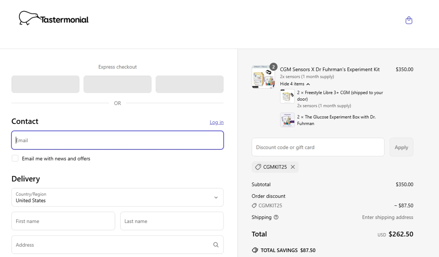 Tastermonial promo code screenshot showing code CGMKIT25 applied at Tastermonial checkout page. Uploaded by SimplyCodes community member aumentadax10 on Apr 26, 2025