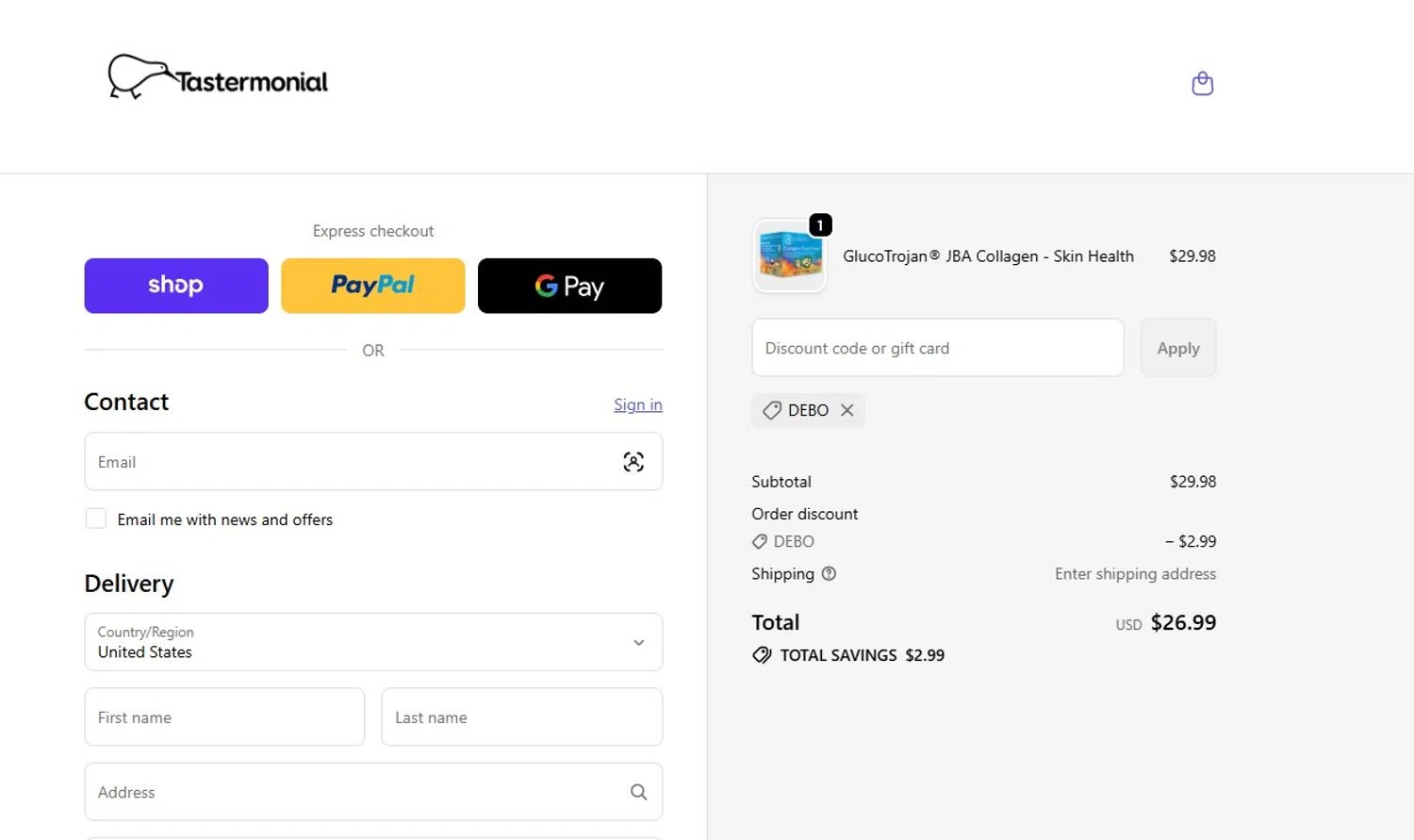 Tastermonial promo code screenshot showing code DEBO applied at Tastermonial checkout page. Uploaded by SimplyCodes community member mandrakke on Jun 6, 2026