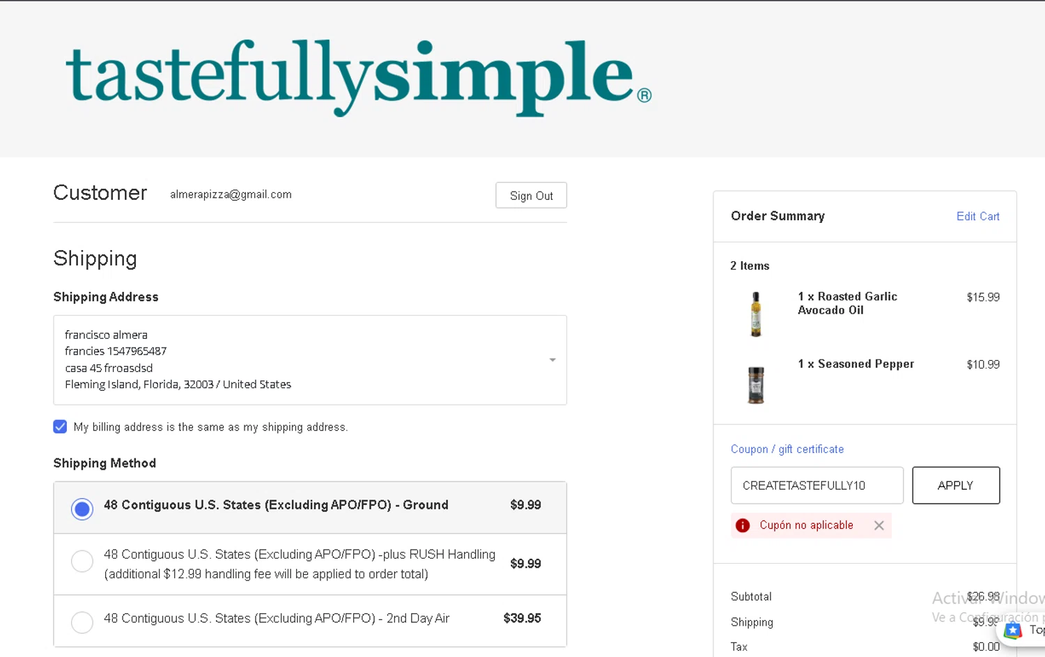 Tastefully Simple promo code screenshot showing code CREATETASTEFULLY10 applied at Tastefully Simple checkout page. Uploaded by SimplyCodes community member Gaby04 on Jan 8, 2026