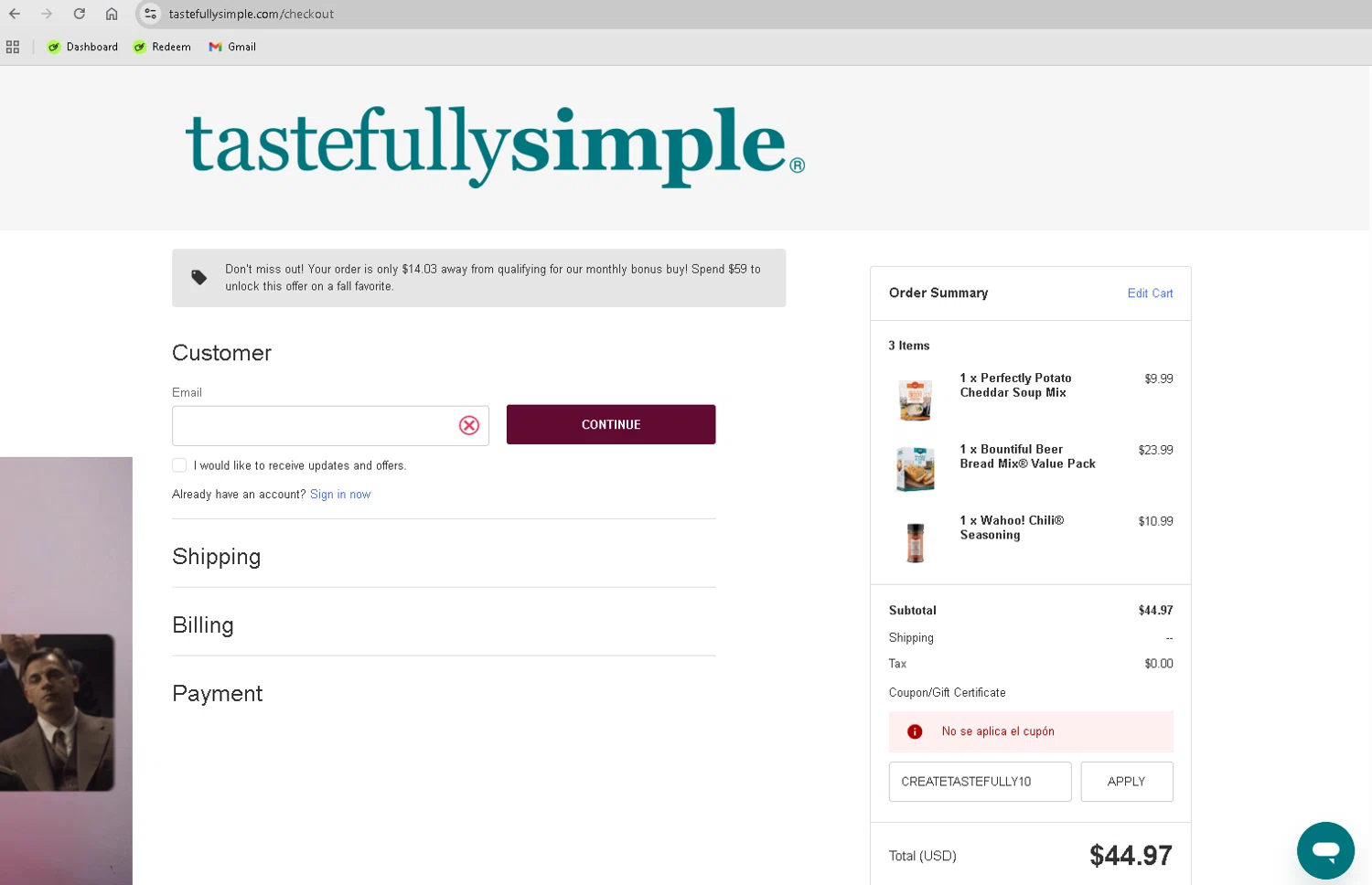 Tastefully Simple checkout page showing Tastefully Simple promo code box | Screenshot taken by SimplyCodes community member on Sep 26, 2025