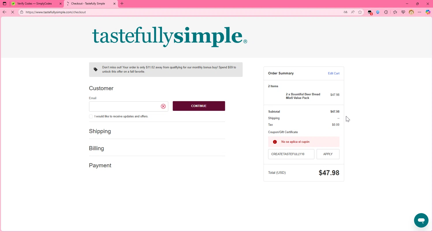 Tastefully Simple checkout page showing Tastefully Simple promo code box | Screenshot taken by SimplyCodes community member on Sep 26, 2025