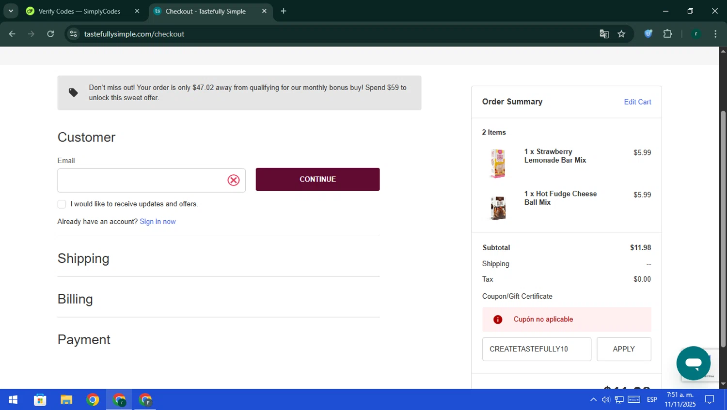 Tastefully Simple promo code screenshot showing code CREATETASTEFULLY10 applied at Tastefully Simple checkout page. Uploaded by SimplyCodes community member rodri1 on Nov 11, 2025