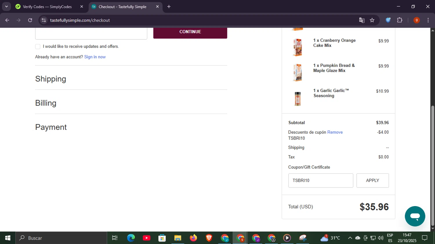 Tastefully Simple promo code screenshot showing code TSBRI10 applied at Tastefully Simple checkout page. Uploaded by SimplyCodes community member Scottcawthon on Oct 23, 2025