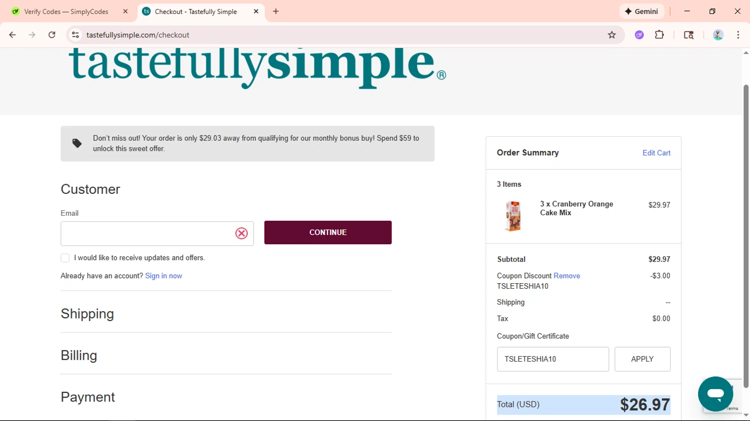 Tastefully Simple checkout page showing Tastefully Simple promo code box | Screenshot taken by SimplyCodes community member on Nov 21, 2025
