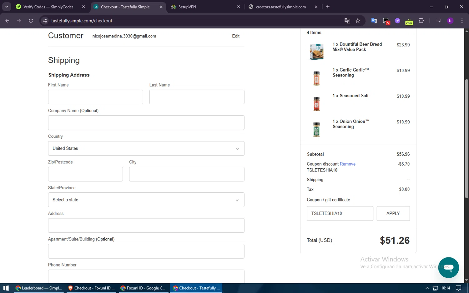 Tastefully Simple promo code screenshot showing code TSLETESHIA10 applied at Tastefully Simple checkout page. Uploaded by SimplyCodes community member ShieldElite2370 on Dec 29, 2025