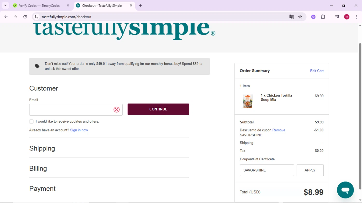 Tastefully Simple checkout page showing Tastefully Simple promo code box | Screenshot taken by SimplyCodes community member on Nov 6, 2025