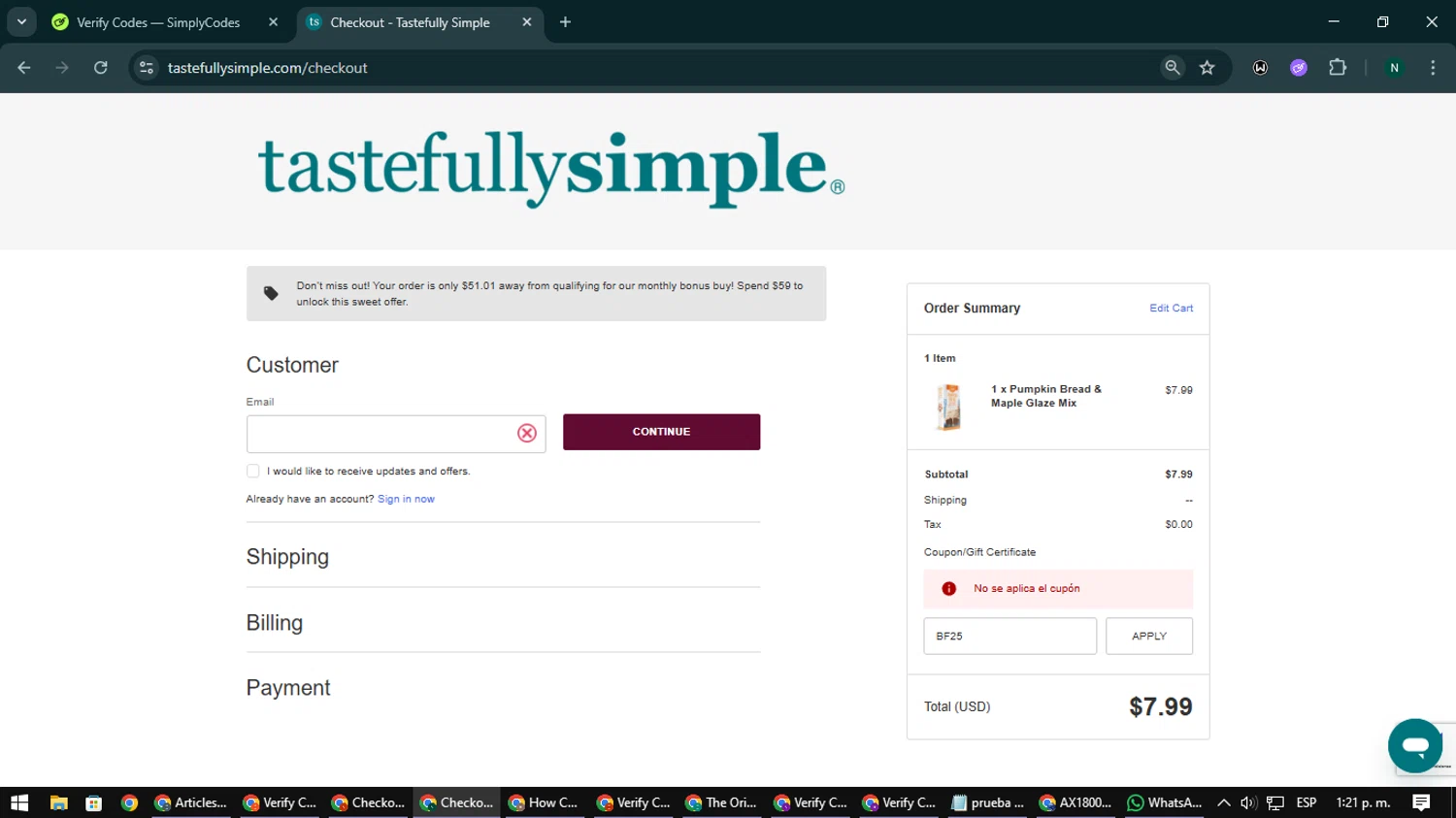 Tastefully Simple checkout page showing Tastefully Simple promo code box | Screenshot taken by SimplyCodes community member on Nov 28, 2025