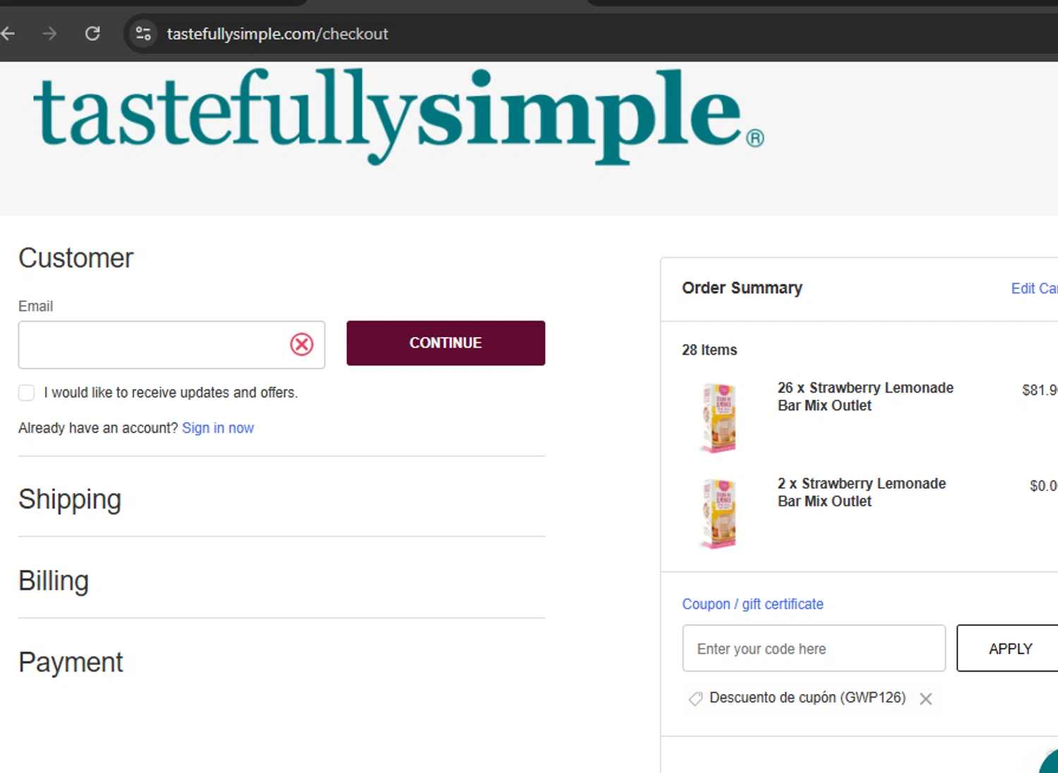 Tastefully Simple checkout page showing Tastefully Simple promo code box | Screenshot taken by SimplyCodes community member on Jan 7, 2026