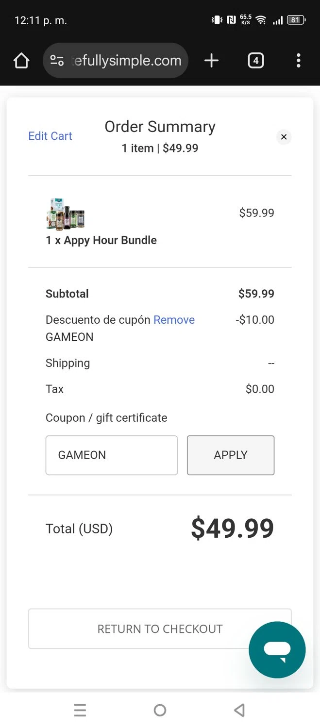 Tastefully Simple promo code screenshot showing code GAMEON applied at Tastefully Simple checkout page. Uploaded by SimplyCodes community member lfppernia on Dec 18, 2025