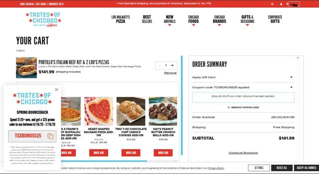 Tastes of Chicago checkout page showing Tastes of Chicago promo code box | Screenshot taken by SimplyCodes community member on Jun 13, 2025