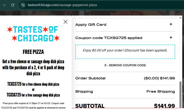 Tastes of Chicago checkout page showing Tastes of Chicago promo code box | Screenshot taken by SimplyCodes community member on Jul 28, 2025