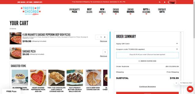 Tastes of Chicago checkout page showing Tastes of Chicago promo code box | Screenshot taken by SimplyCodes community member on Jul 28, 2025