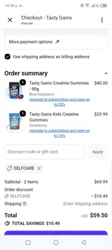 Tasty Gains coupon verification screenshot