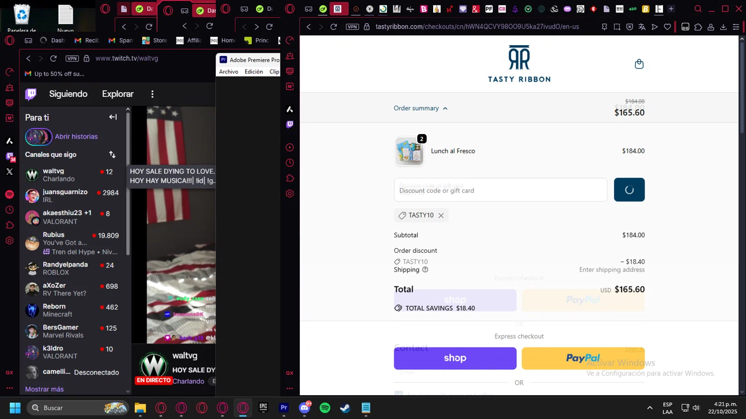 Tasty Ribbon discount code screenshot showing code TASTY10 applied at Tasty Ribbon checkout page. Uploaded by SimplyCodes community member Handivlak on Oct 22, 2025