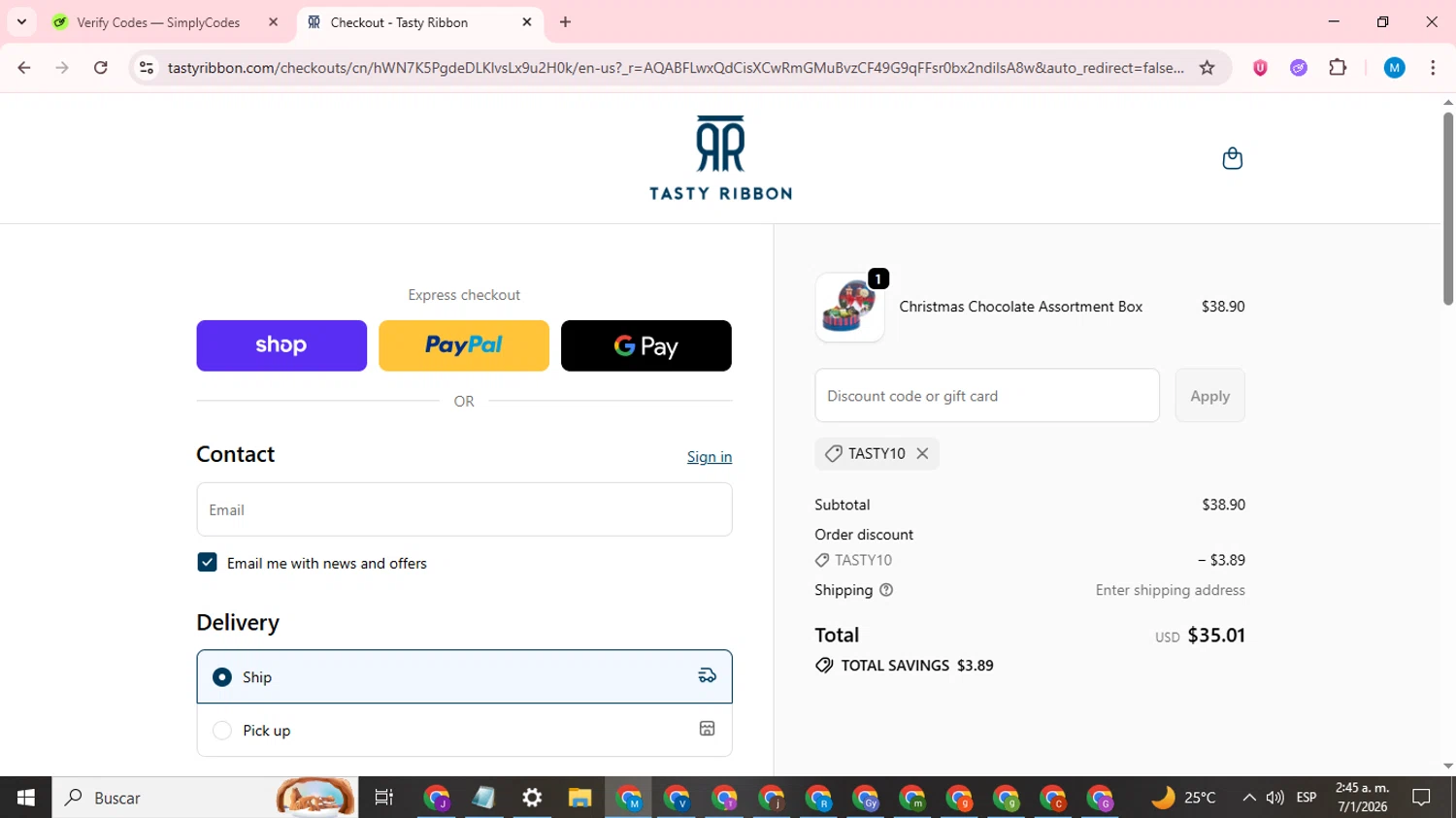 Tasty Ribbon checkout page showing Tasty Ribbon discount code box | Screenshot taken by SimplyCodes community member on Jan 7, 2026