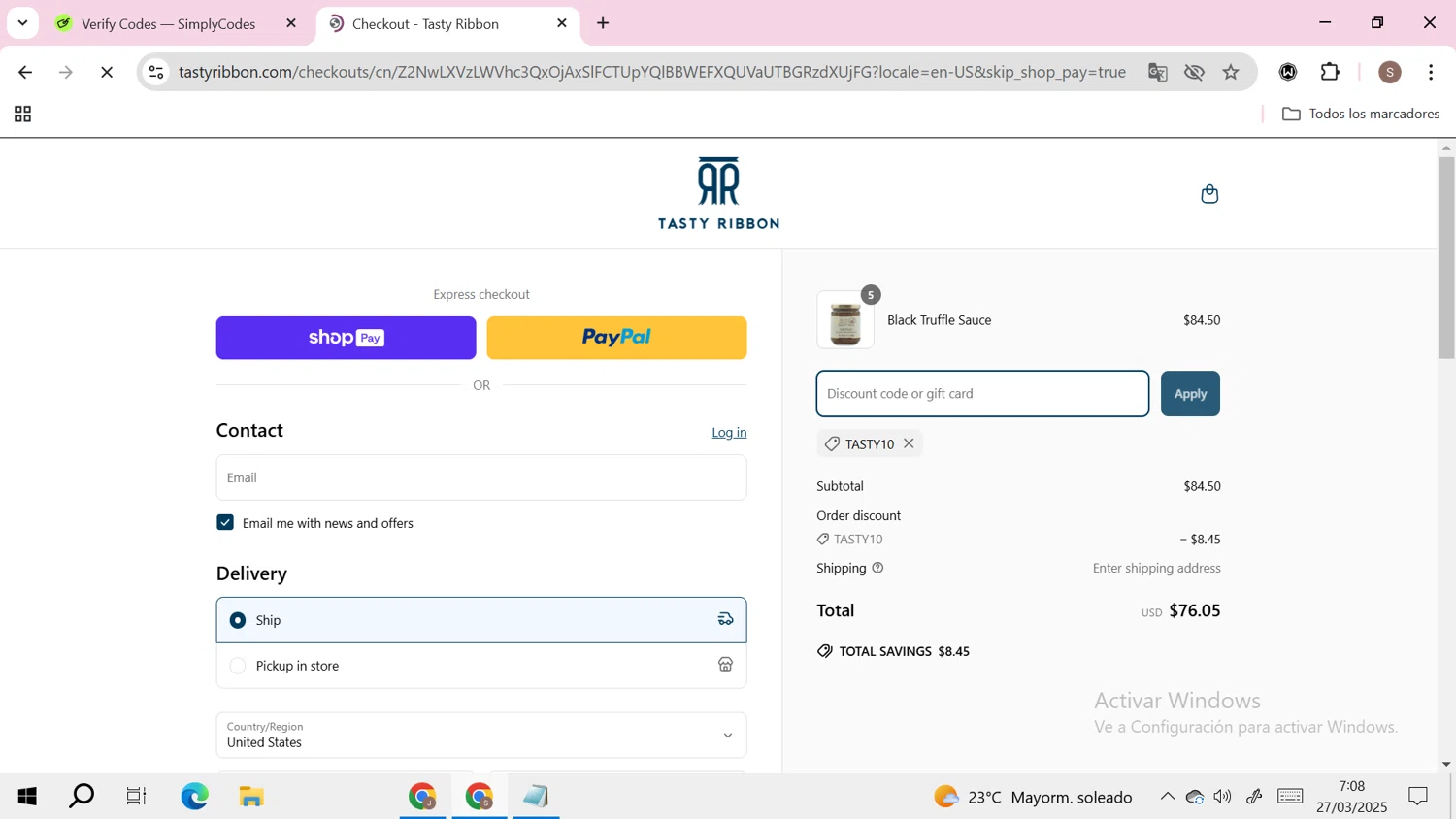 Tasty Ribbon discount code screenshot showing code TASTY10 applied at Tasty Ribbon checkout page. Uploaded by SimplyCodes community member RoyalHero6815 on Mar 27, 2025